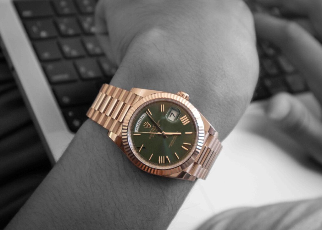 Rolex Day-Date 40 in Rose Gold & Olive Green captured by BigBong