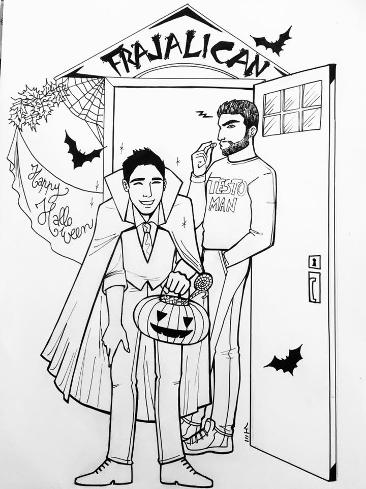 Drawing of YouTubers BigBong as Nico and Mark Hachem celebrating Halloween in episode 9 of the web series FRAJALICAN