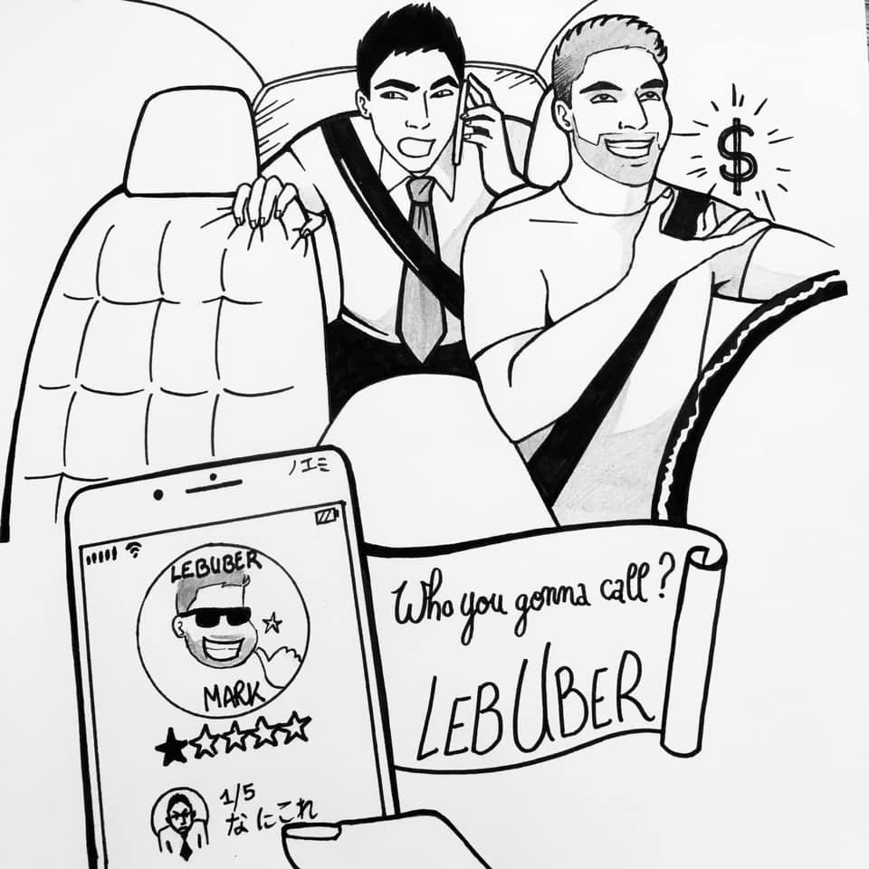 Drawing of YouTubers BigBong as Nico and Mark Hachem driving as an Uber driver in episode 11 of the web series FRAJALICAN