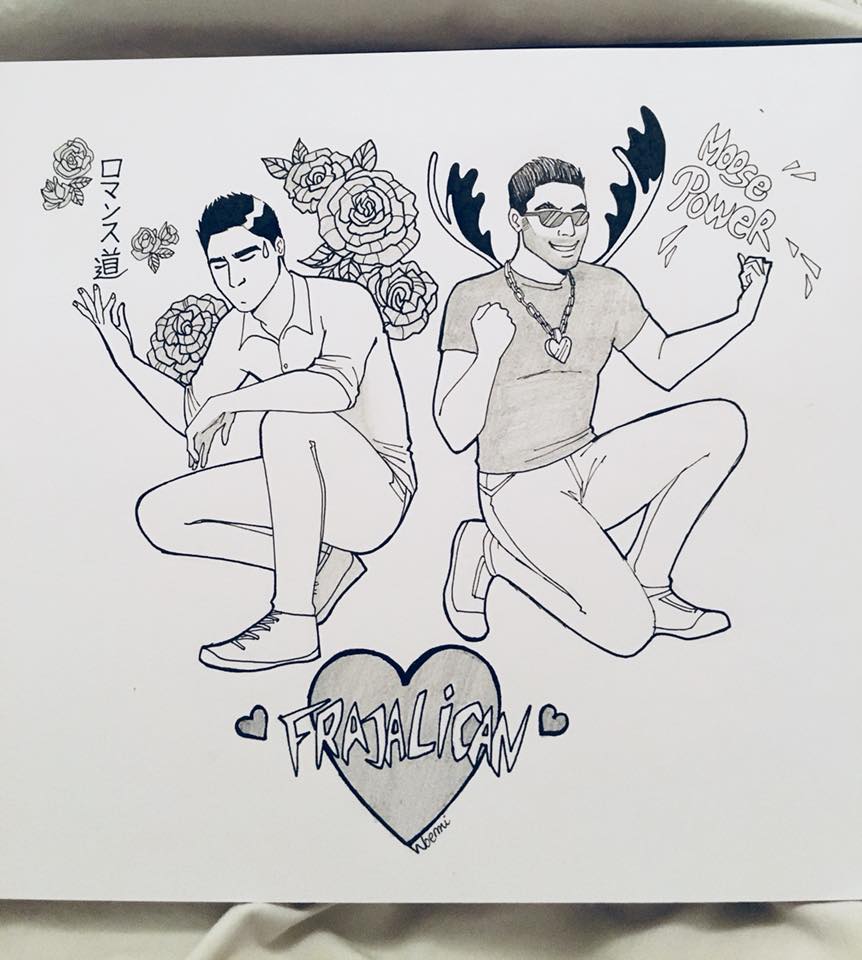 Drawing of YouTubers BigBong as Nico and Mark Hachem competing to be the most romantic one in episode 5 of the web series FRAJALICAN