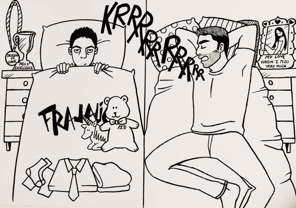 Drawing of YouTubers BigBong as Nico and Mark Hachem snoring in episode 12 of the web series FRAJALICAN