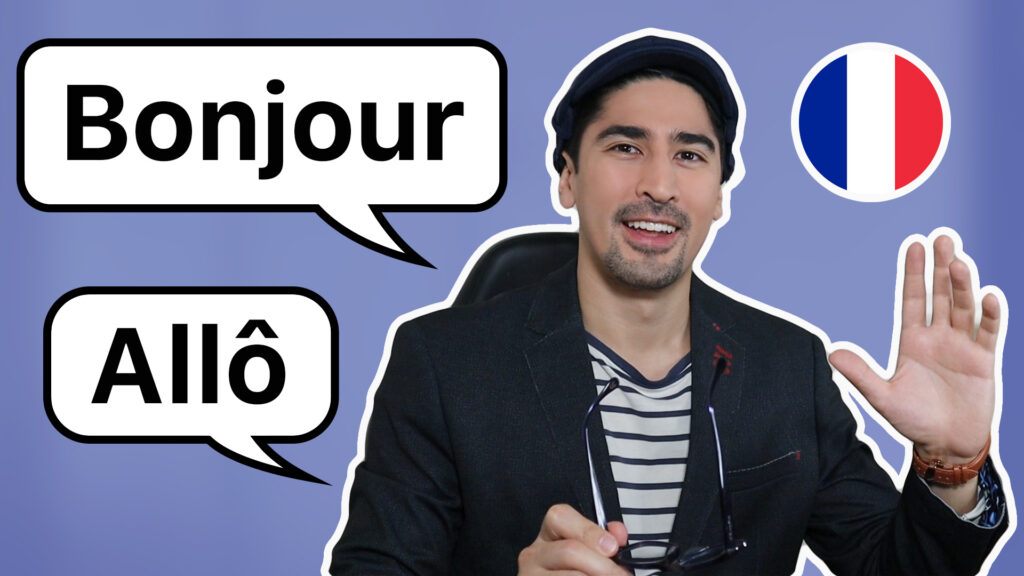 Thumbnail featuring French tutor and language coach, Julien Moulin, teaching how to say hello in French.