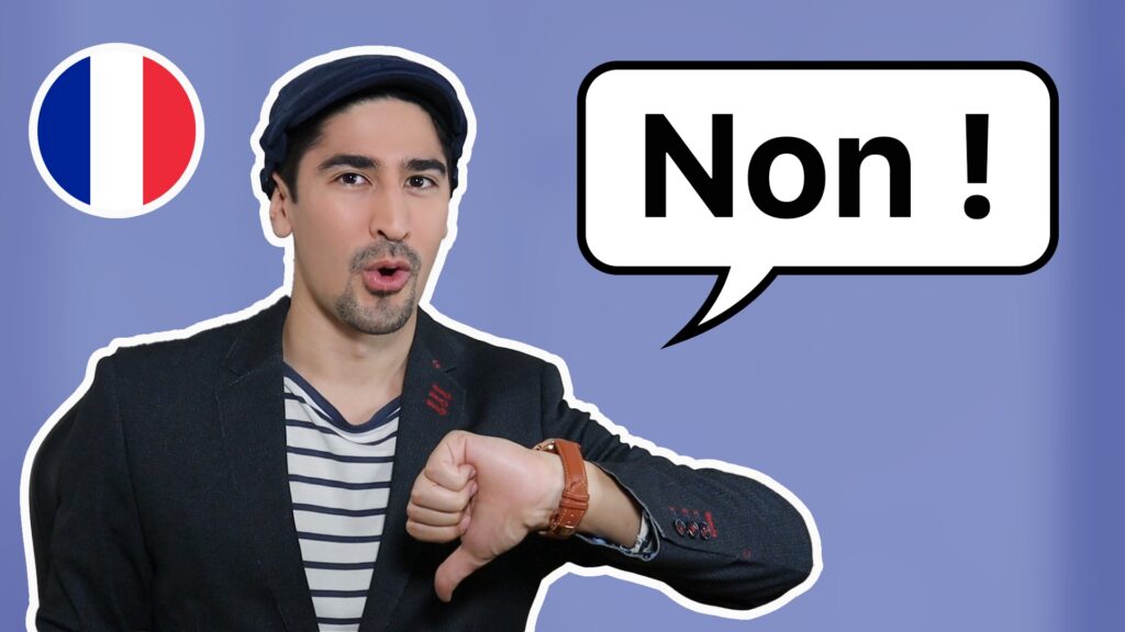 Thumbnail featuring French tutor and language coach, Julien Moulin, teaching how to say no in French.
